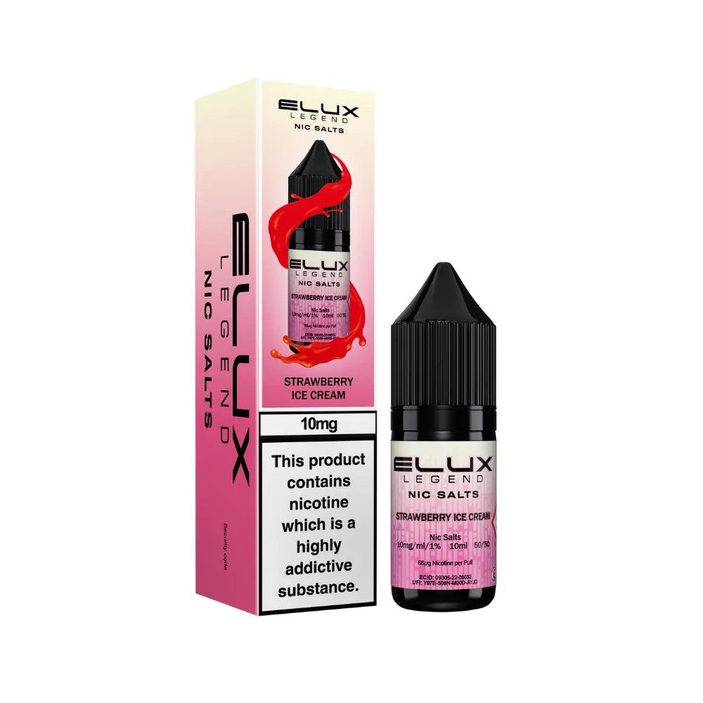 Elux Legend Nic Salts Strawberry Ice Cream e-liquid bottle and packaging on a white background