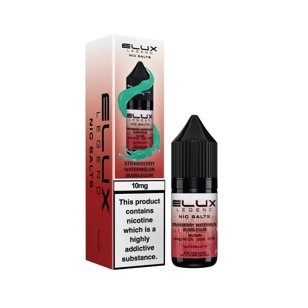 Elux Legend Nic Salts Strawberry Watermelon vape juice bottle and packaging on a white background