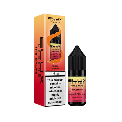 Elux Legend Nic Salts triple mango bottle and packaging on a white background