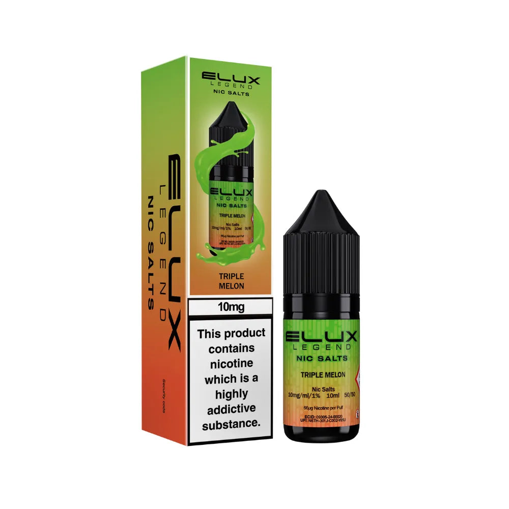 Elux Legend Nic Salts Triple Melon vape juice bottle and packaging on a white background