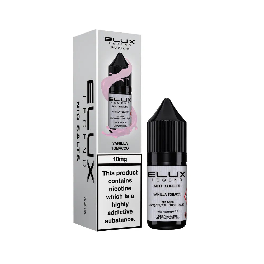Elux Legend Nic Salts Vanilla Tobacco e-liquid bottle and packaging on a white background