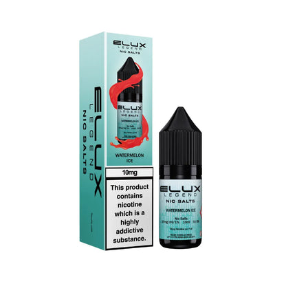 Elux Legend Nic Salts watermelon ice vape juice bottle and packaging on a white background