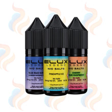 Three Elux Legend Salts 5mg E-liquids on a white background with UK Vape Supply Logo
