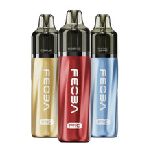 Three FECA vape devices in gold, red, and blue on a white background