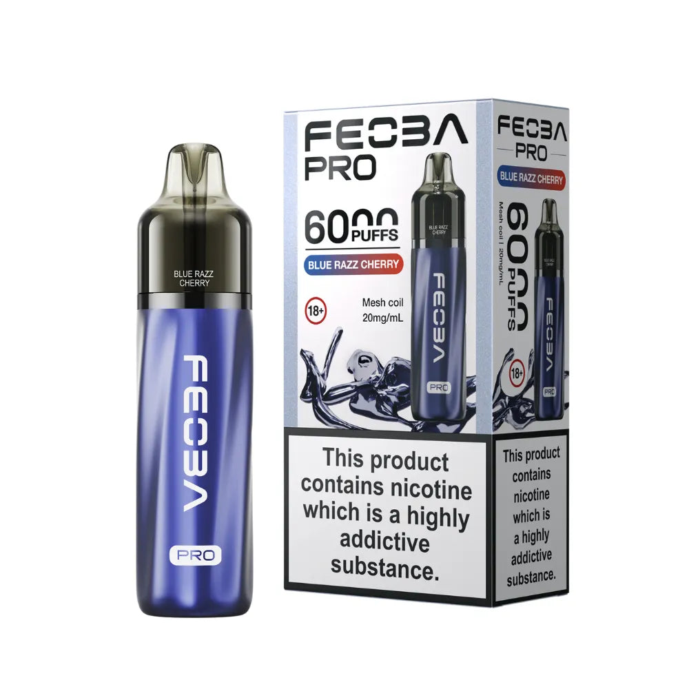 Blue vape device with 'Feoba Pro' branding and packaging on a white background