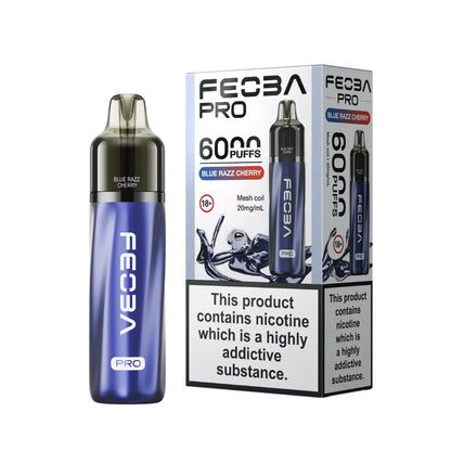 Blue vape device with 'Feoba Pro' branding and packaging on a white background