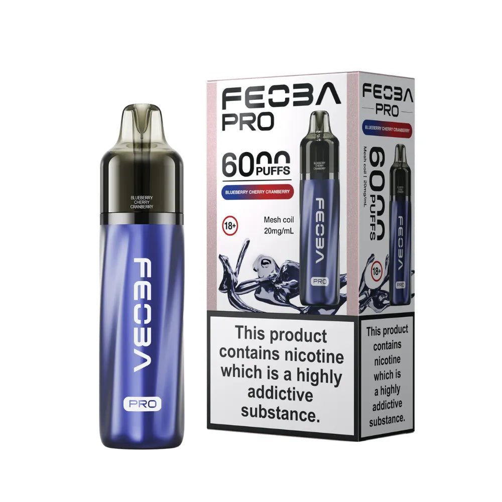 Blue FEObA Pro vape device with packaging on a white background