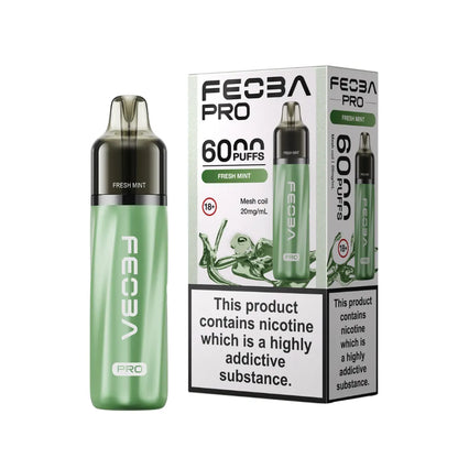 Green vape device with 'Feoba Pro' branding and packaging on a white background