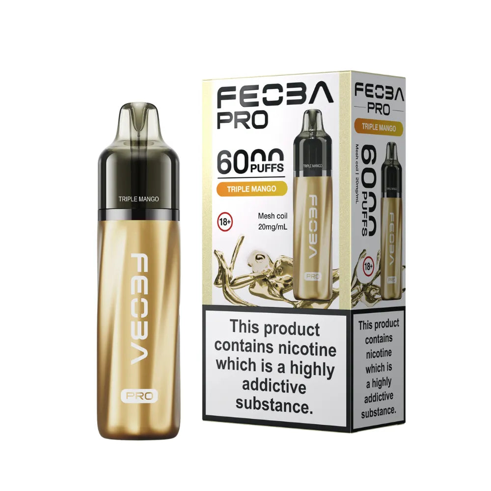 Gold FEObA Pro vape device with packaging on a white background