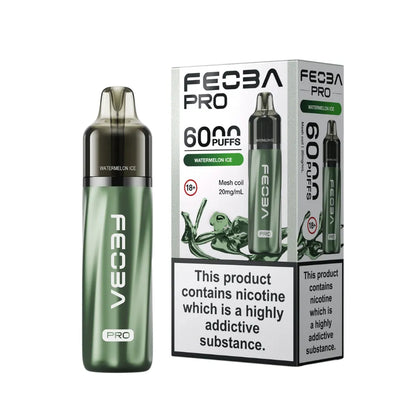 Green vape device with 'Feoba Pro' branding and packaging on a white background