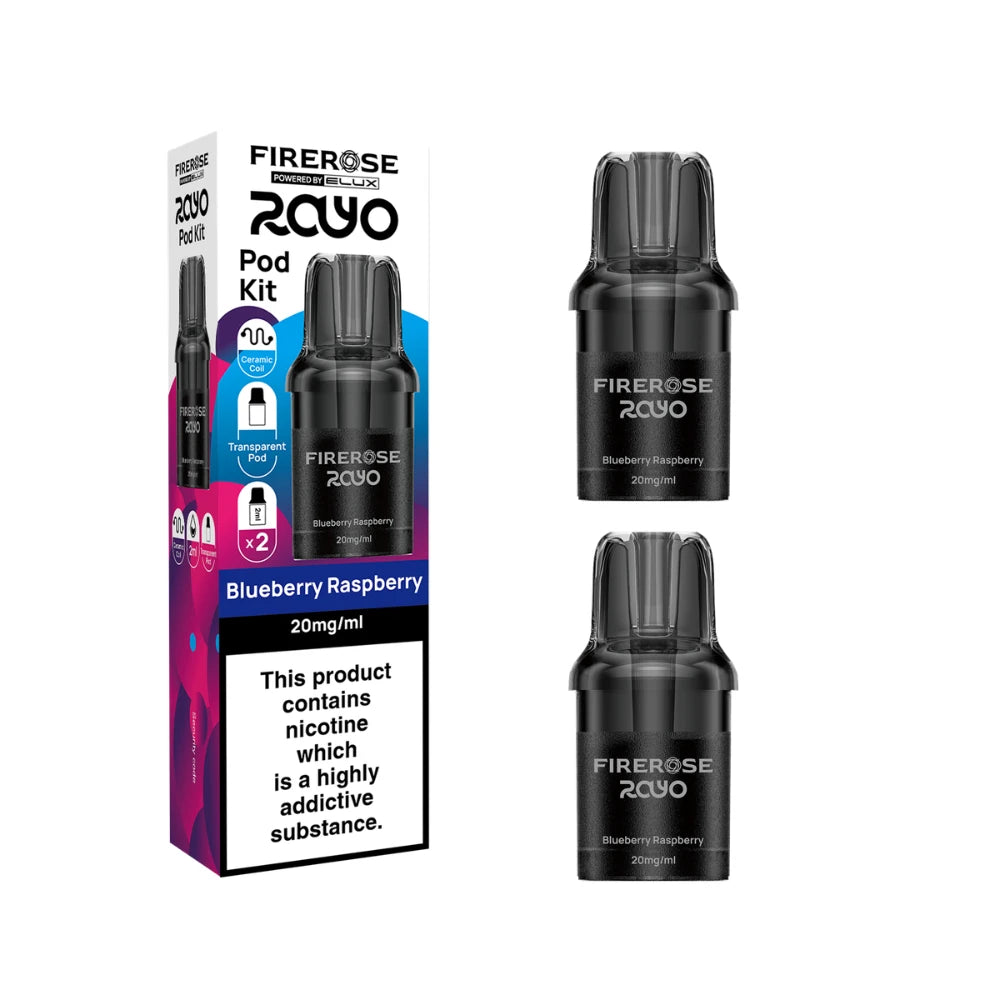 Elux Firerose Rayo refill pods in "Blueberry Raspberry" flavour with colourful packaging on a white background