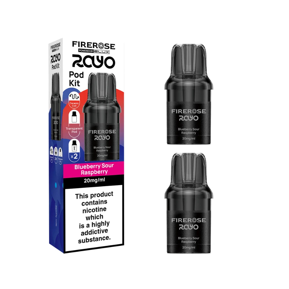Elux Firerose Rayo refill pods in "Blueberry Sour Raspberry" flavour with colourful packaging on a white background
