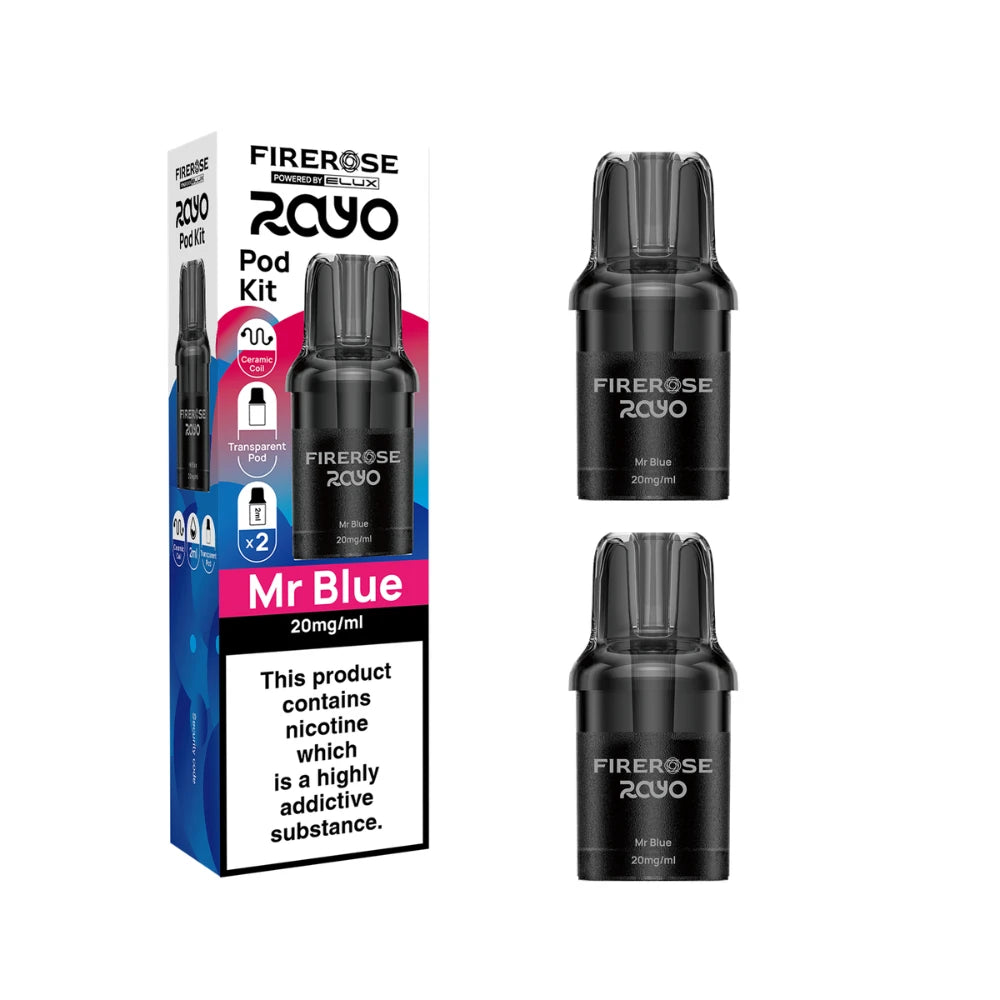 Elux Firerose Rayo refill pods in "Mr Blue" flavour with colourful packaging on a white background