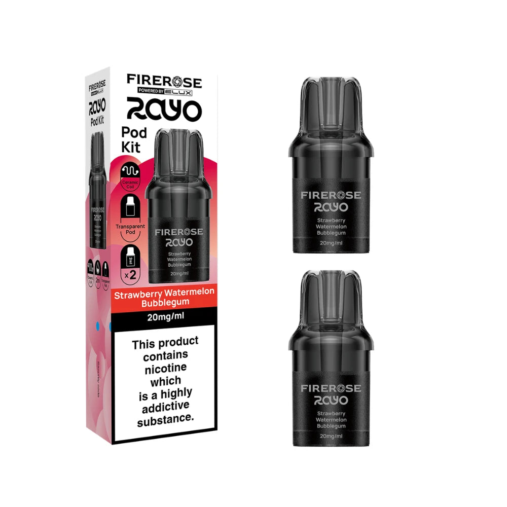 Elux Firerose Rayo refill pods in "Strawberry Watermelon Bubble Gum" flavour with colourful packaging on a white background