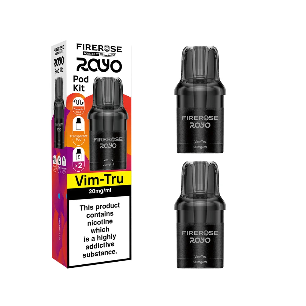 Elux Firerose Rayo refill pods in "Vim Tru" flavour with colourful packaging on a white background