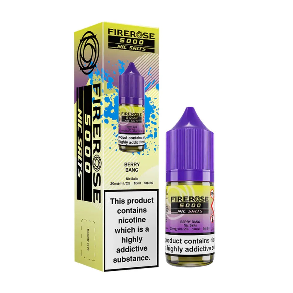 Firerose 5000 Nic Salts Berry Bang e-liquid bottle and packaging on a white background