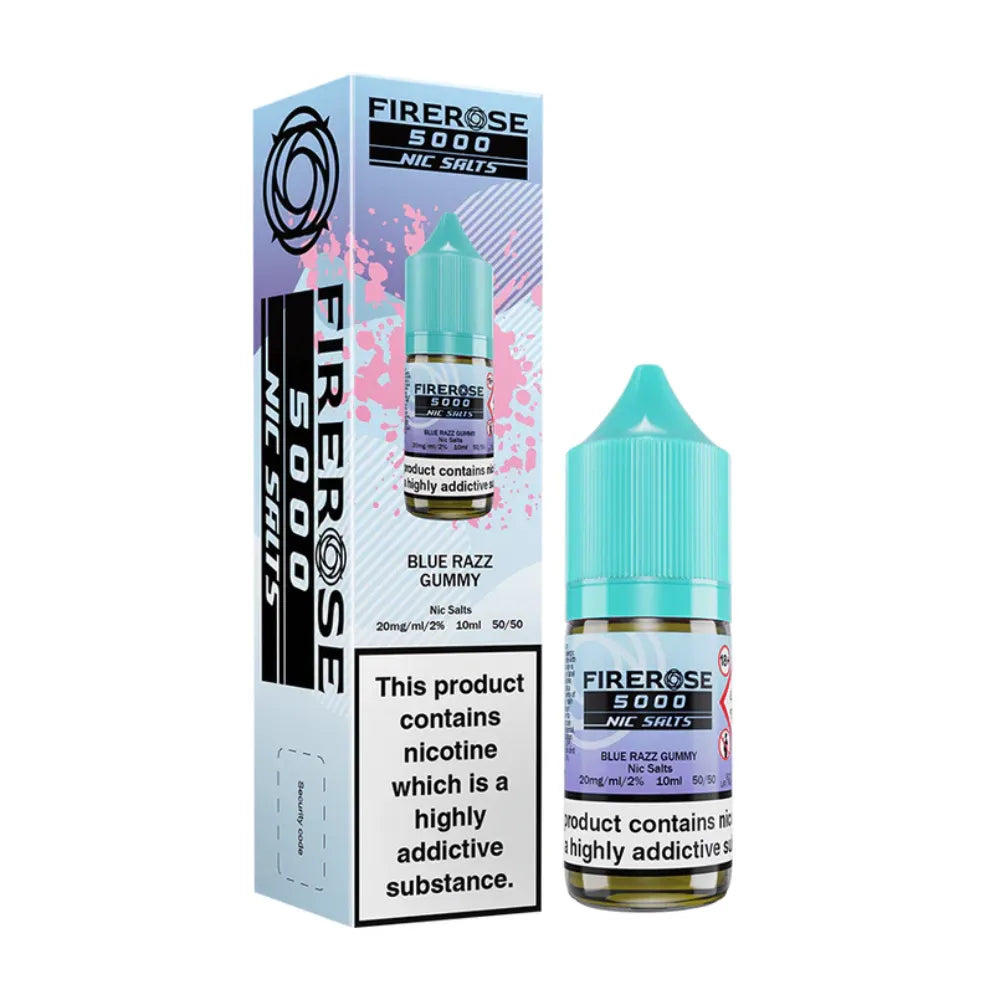 Firerose 5000 blue razz gummy nicotine salt bottle and packaging on a white background
