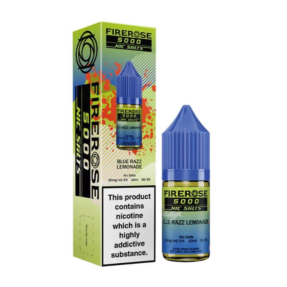 Firerose 5000 Nic Salts Blue Razz Lemonade e-liquid bottle and packaging on a white background