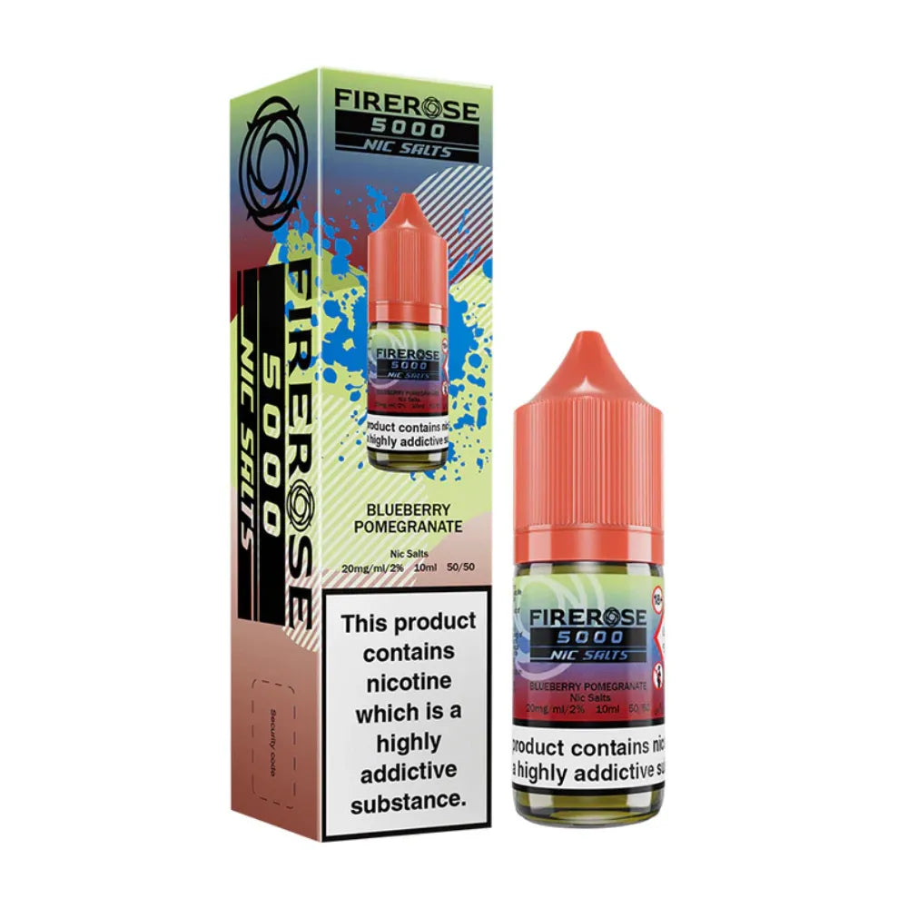 Firerose 5000 Nic Salts Blueberry Pomegranate e-liquid bottle and packaging on a white background