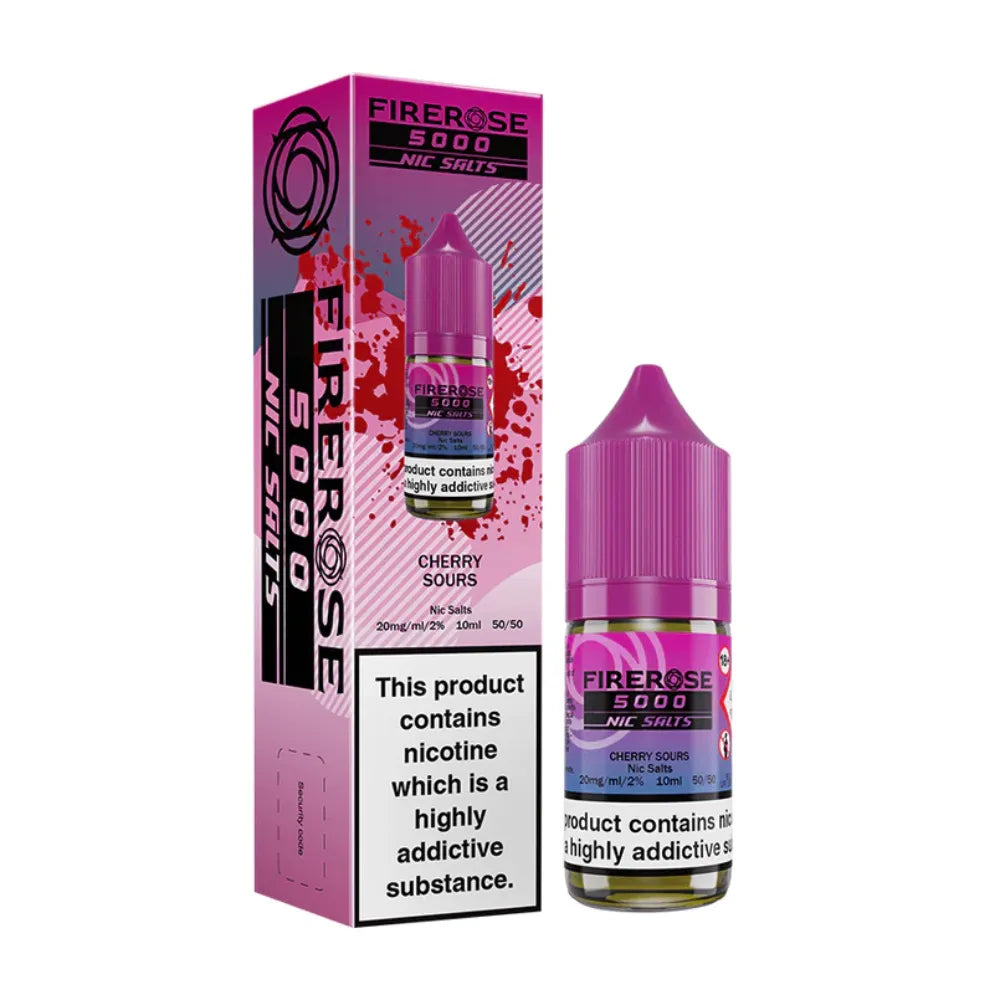 Firerose 5000 Nic Salts Cherry Sours vape juice bottle and packaging on a white background