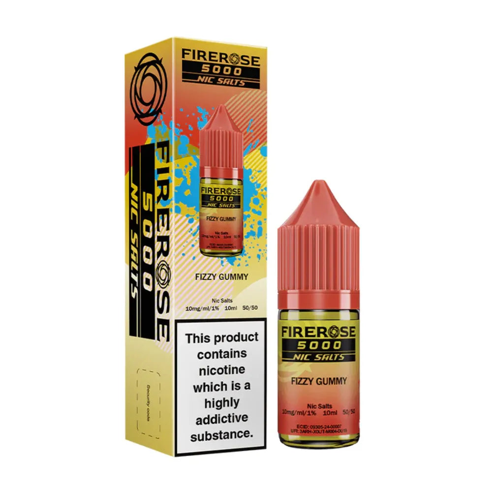 Firerose 5000 Nic Shots Fizzy Gummy nicotine product packaging on a white background