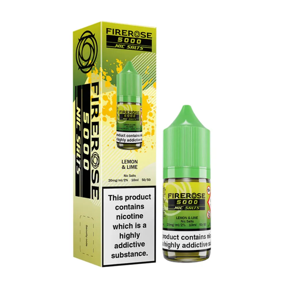 Firerose 5000 Nic Salts Lemon & Lime vape juice bottle and packaging on a white background