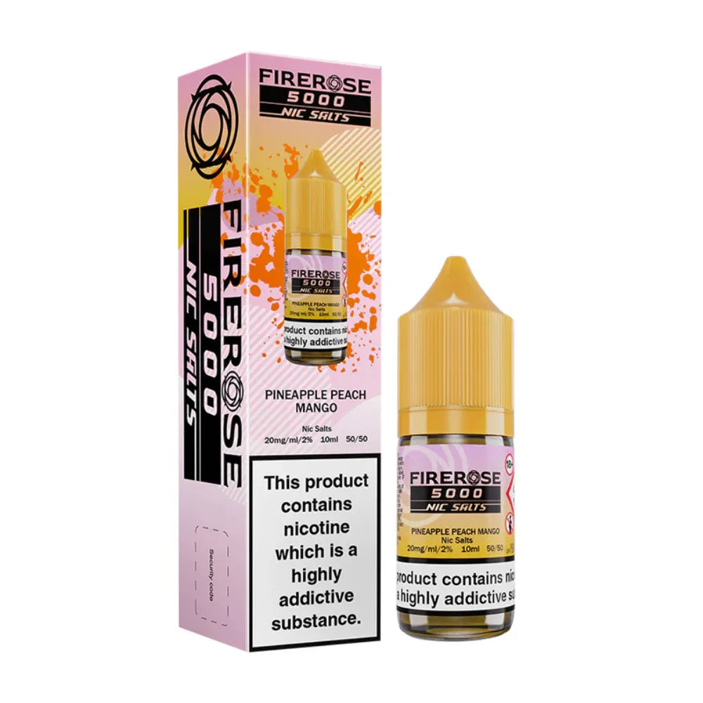 Firerose 5000 Nic Salts Pineapple Peach Mango e-liquid bottle and packaging on a white background
