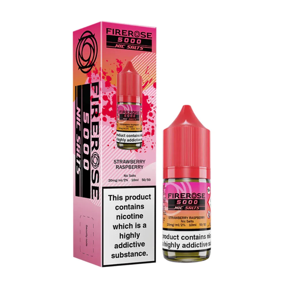 Firerose 5000 Strawberry Raspberry Nic Salts packaging and bottle on a white background