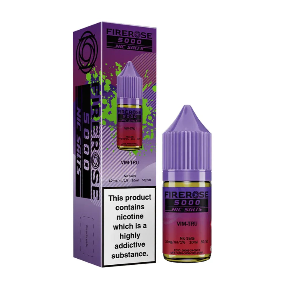 Firerose 5000 vim-tru nicotine shots packaging and bottle on a white background