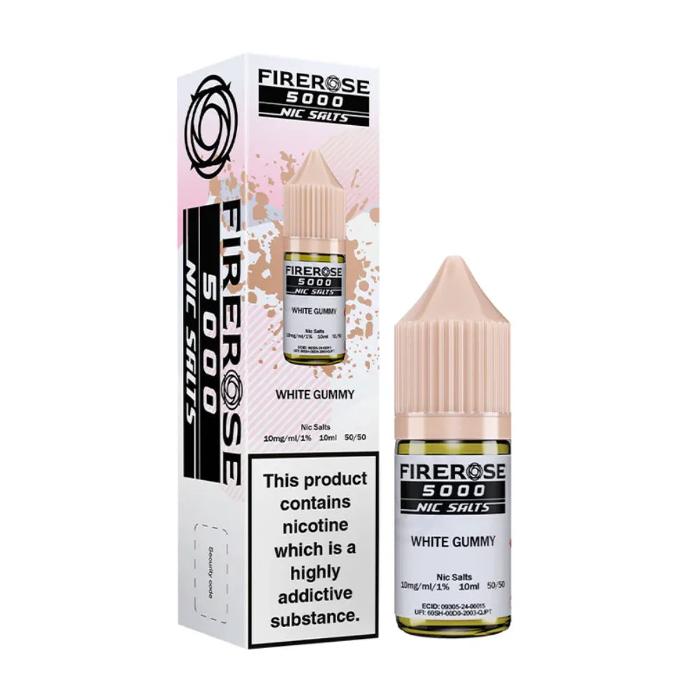 Firerose 5000 Nic Salts White Gummy flavor bottle and packaging on a white background