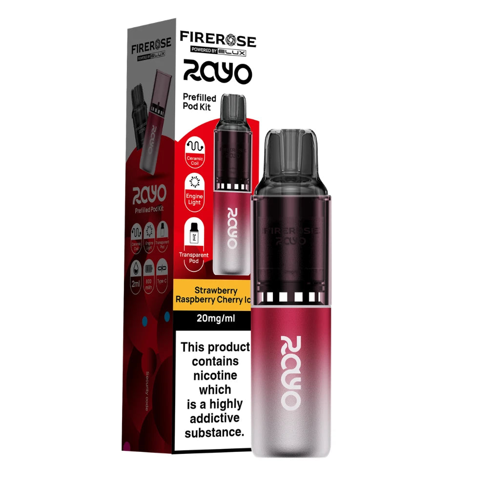 Elux Firerose Rayo vape kit in "Strawberry Raspberry Cherry Ice" flavour with colourful packaging on a white background.
