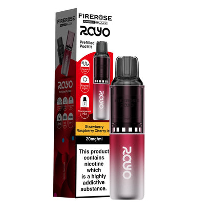 Elux Firerose Rayo vape kit in "Strawberry Raspberry Cherry Ice" flavour with colourful packaging on a white background.