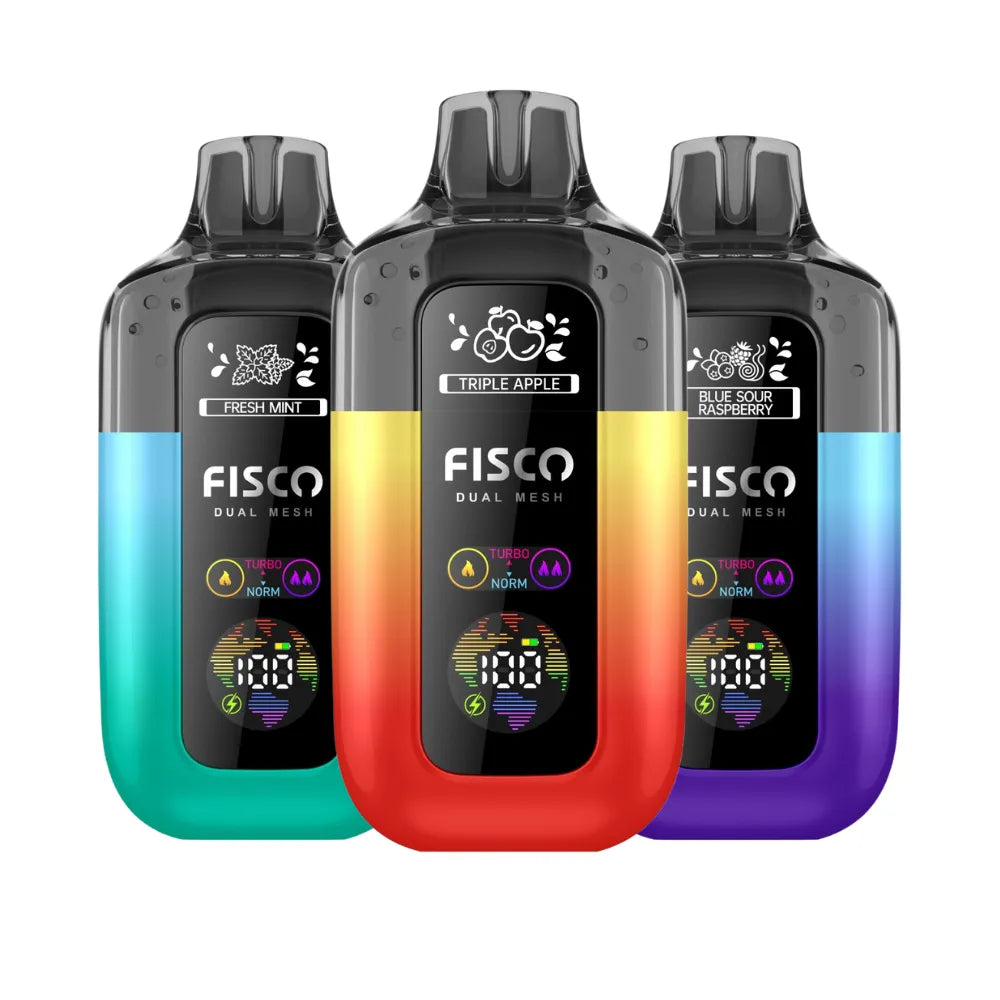 Three Fisco vape devices in different colors on a white background