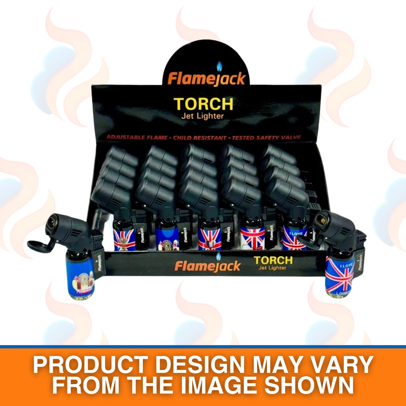 Display of Flamejack Torch jet lighters with British flags on a white background