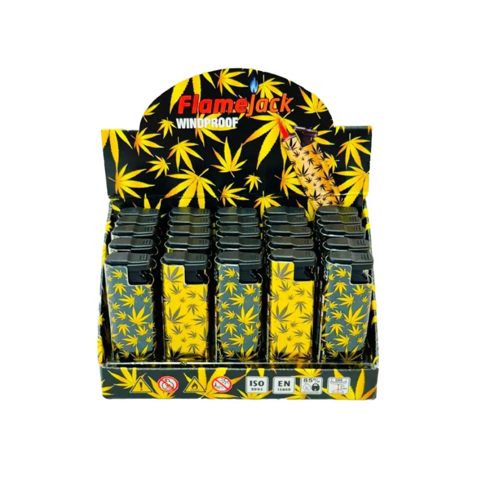 Display of windproof lighters with yellow leaf design on a black background, featuring the brand 'Flamejack'.