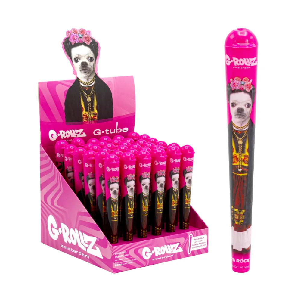 G-Rollz "G-Tube" cone holders - Pets Rock Pink design - with packaging on a white background