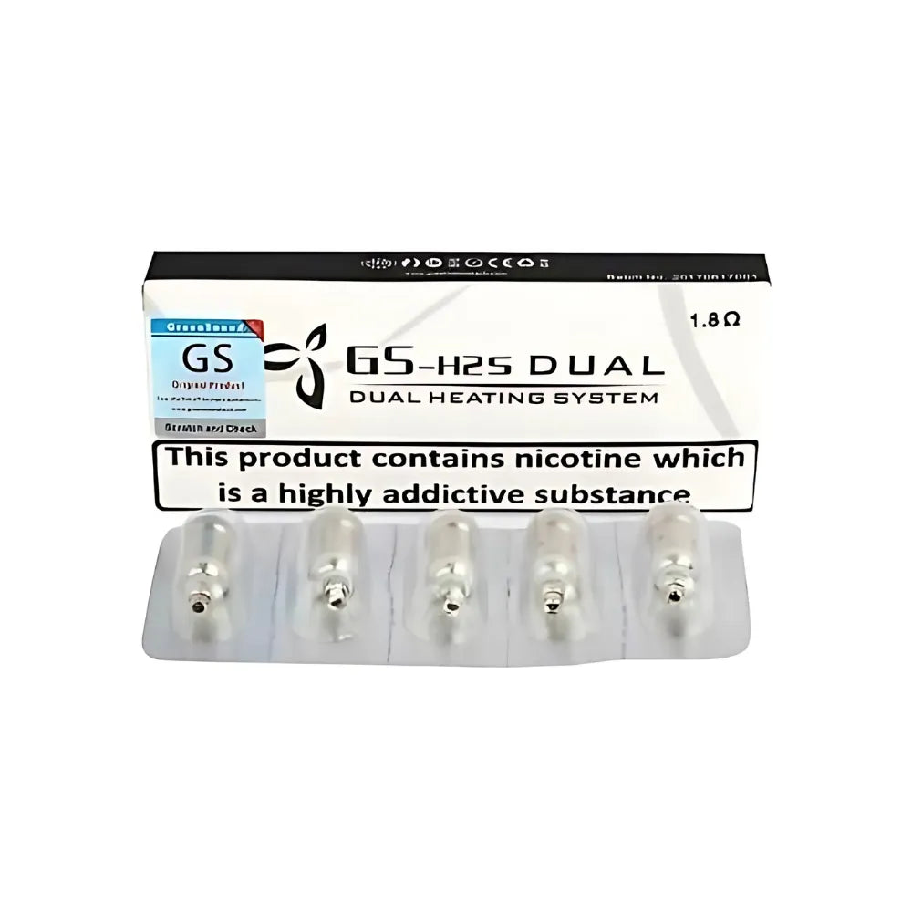 GS-H2S Dual heating system packaging with nicotine warning label on a white background