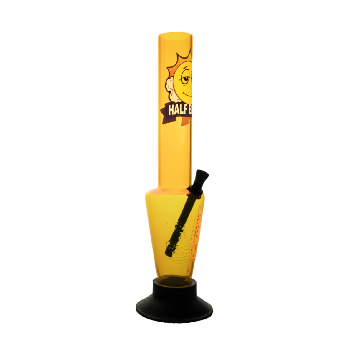 A yellow glass water pipe with a black base and a black mouthpiece, featuring a cartoon sun graphic and the text 'HALF Baked' printed on the upper section, set against a plain white background.