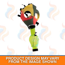 Colourful gas mask-style bong on a white background