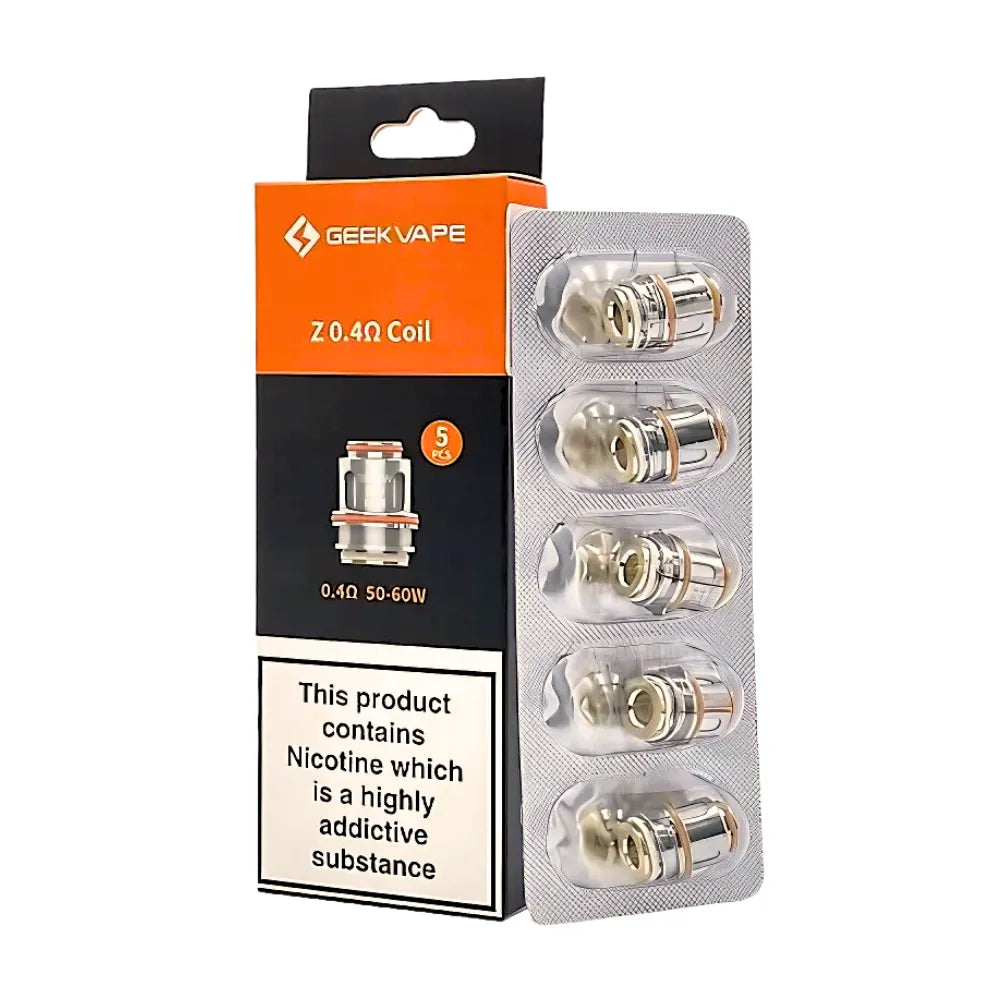 Geek Vape Z.0.4Ω Coil packaging with nicotine warning label on a white background
