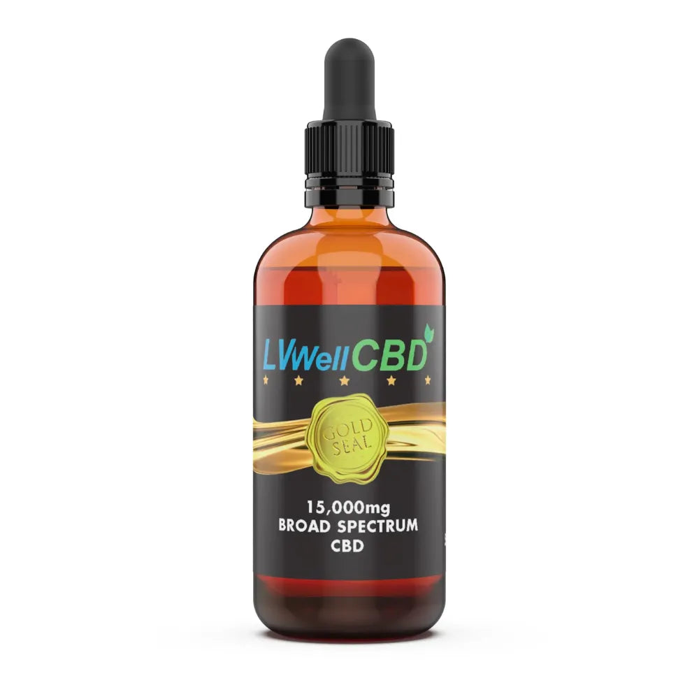 CBD gold seal 15,000mg oil bottle with 'LWell CBD' label on a white background