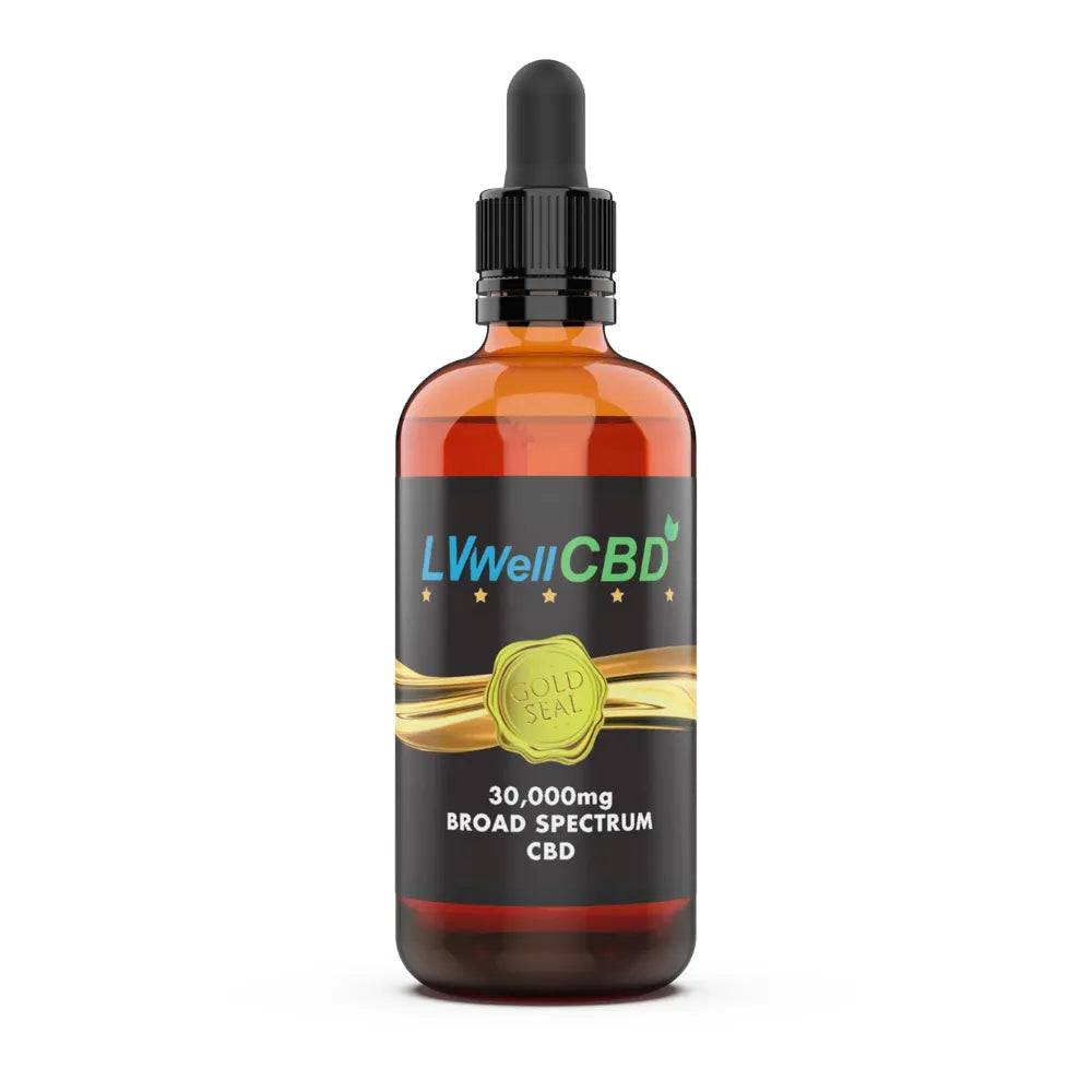 CBD gold seal 30,000mg oil bottle with 'LWell CBD' label on a white background