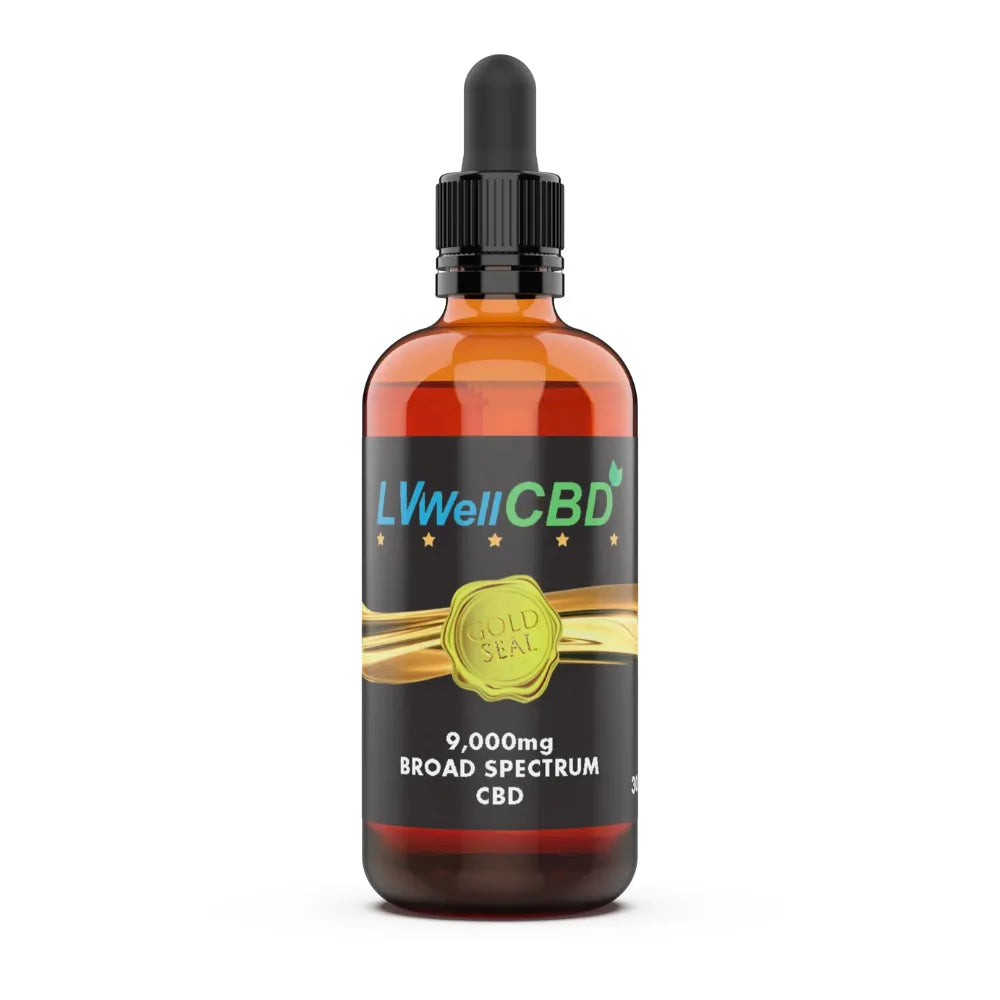 CBD gold seal 9,000mg oil bottle with 'LWell CBD' label on a white background