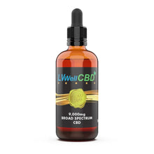 CBD gold seal 9,000mg oil bottle with 'LWell CBD' label on a white background