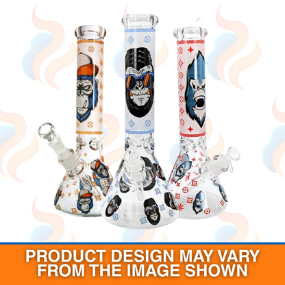 Three colourful glow in the dark glass bongs with gorilla printed designs on a white background