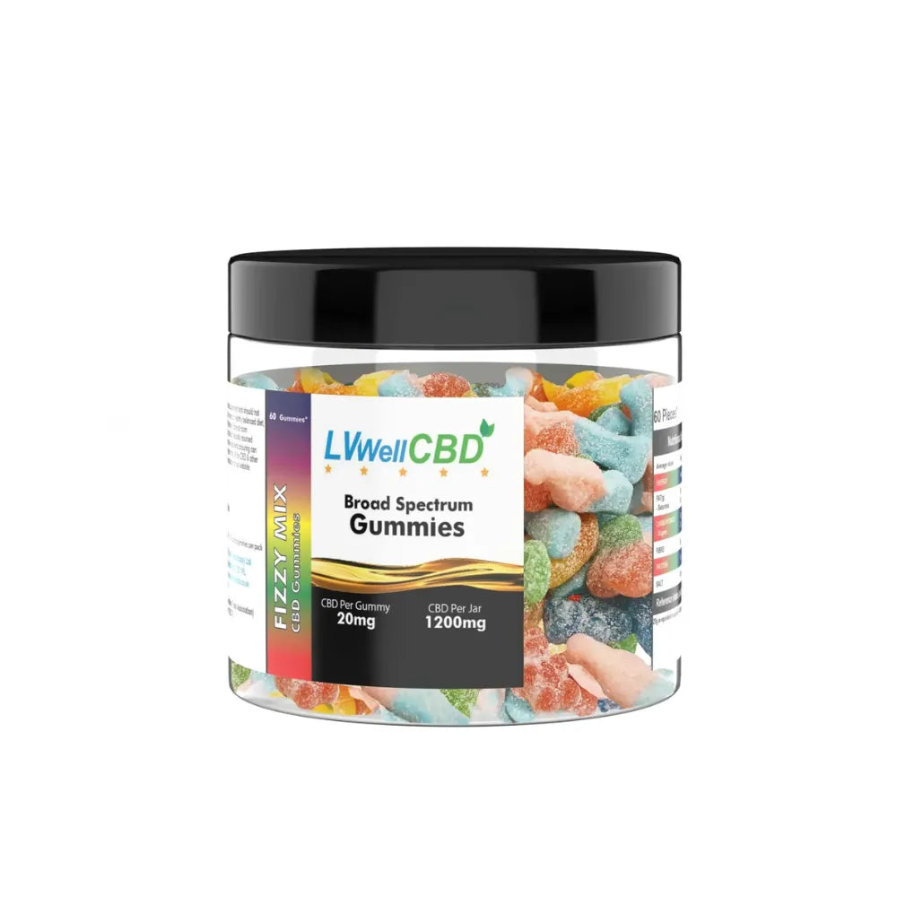 Jar of LVWell CBD Broad Spectrum fizzy mix 60 Gummies on a white background
