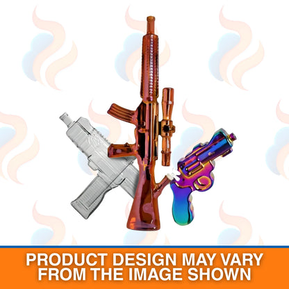 Three metallic gun-inspired bongs on a white background