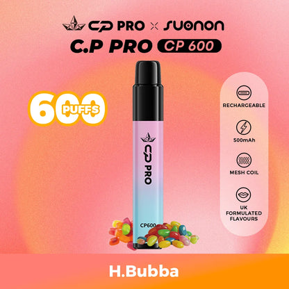 Suonon x CP Pro CP600 vape device with hubba bubba flavour on a colourful gradient background