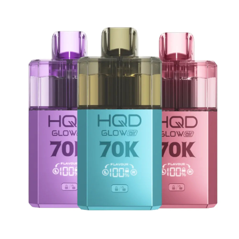 Three HQD Glow Air vape devices in purple, blue, and pink on a white background