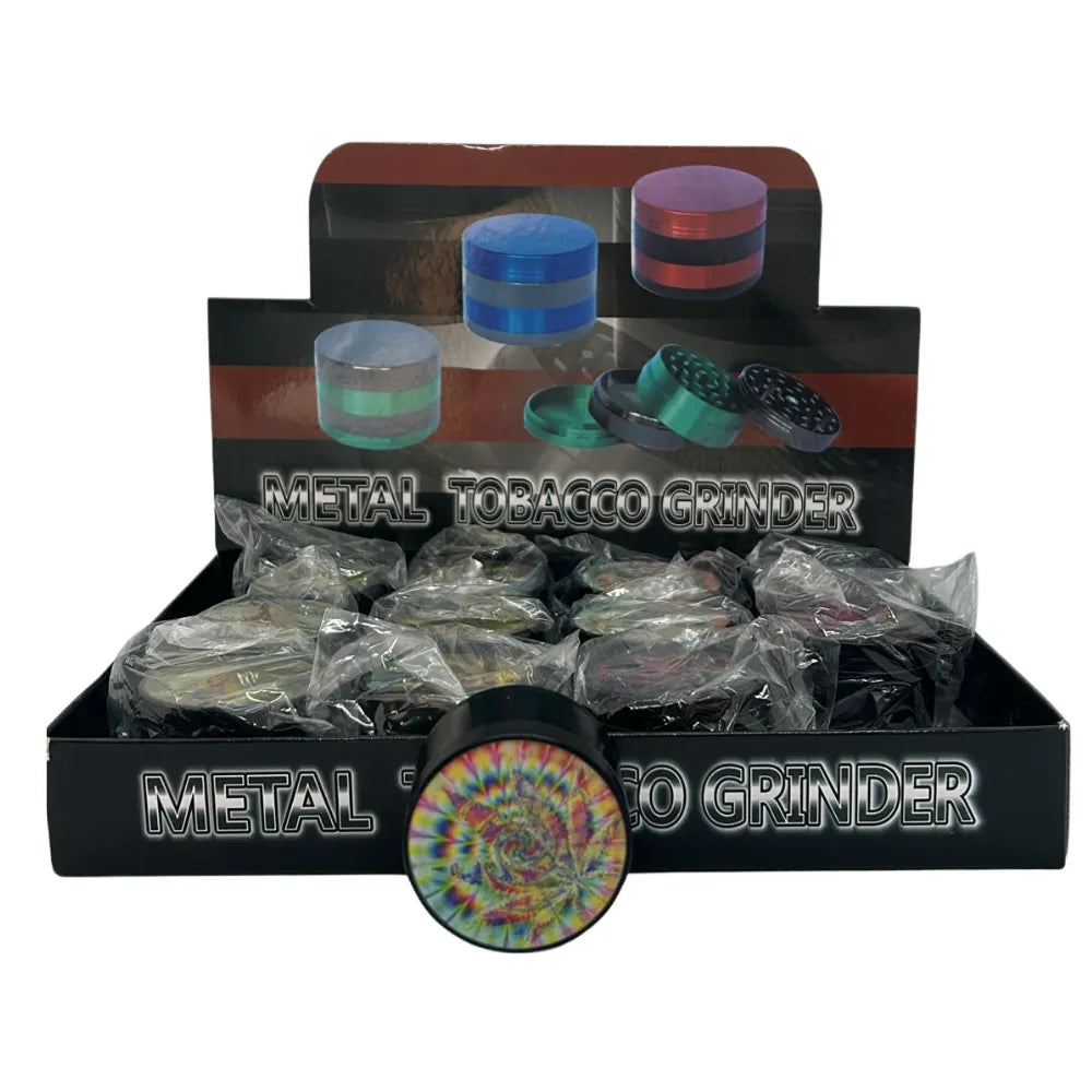 Metal tobacco grinders with colourful holographic design on a display box